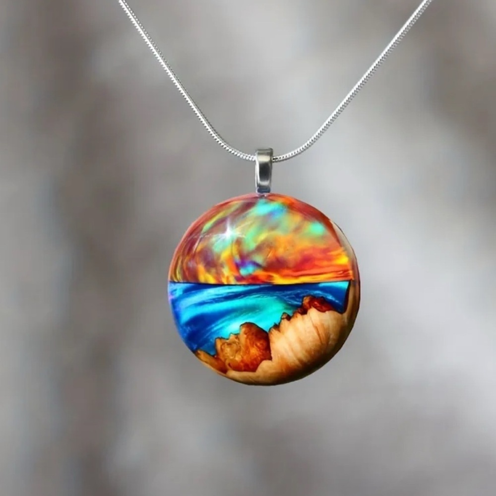 Colorful Resin and Wood Pendant Necklace